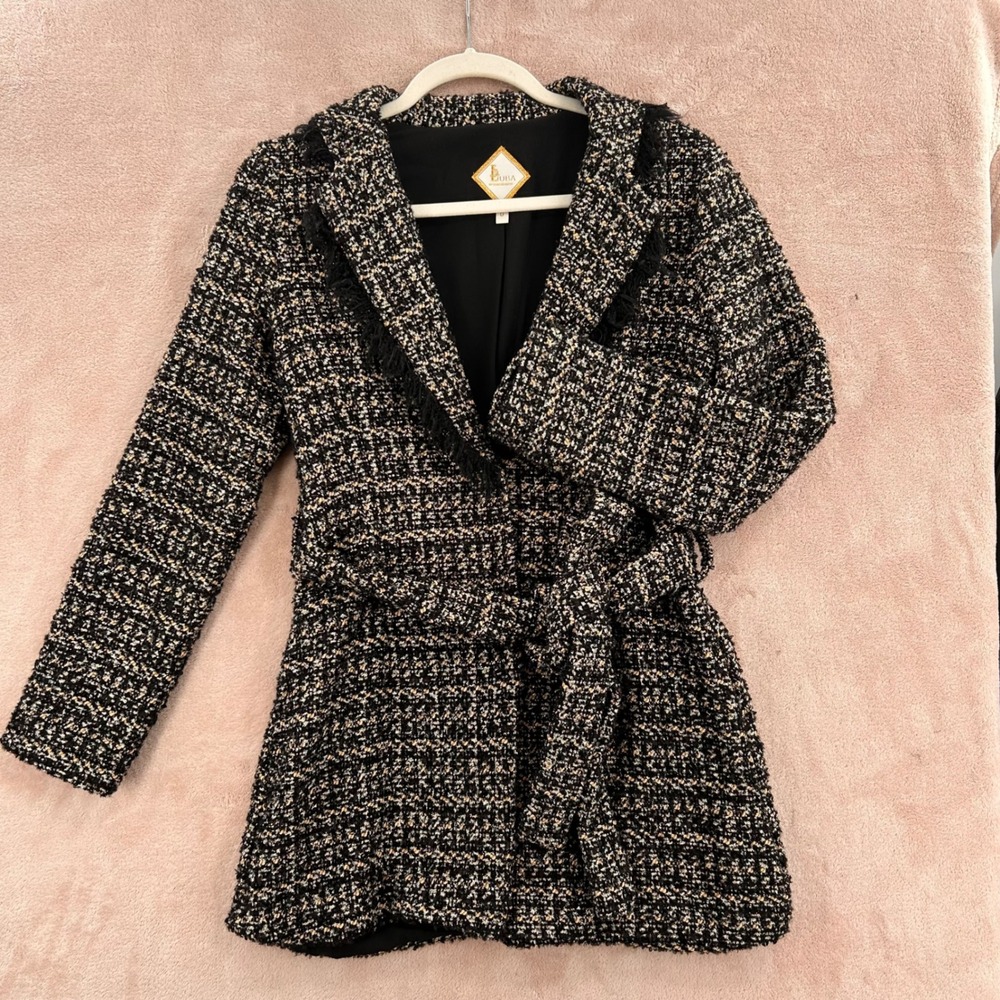 L'Agence Luba Tweed Fringe Belted Jacket Black Gold Wool Blend Size 0 - Picture 11 of 12